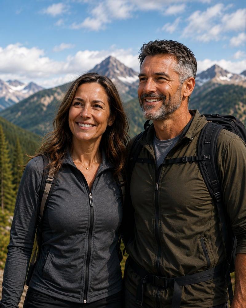 Smiling couple hiking together with mountain peaks behind them