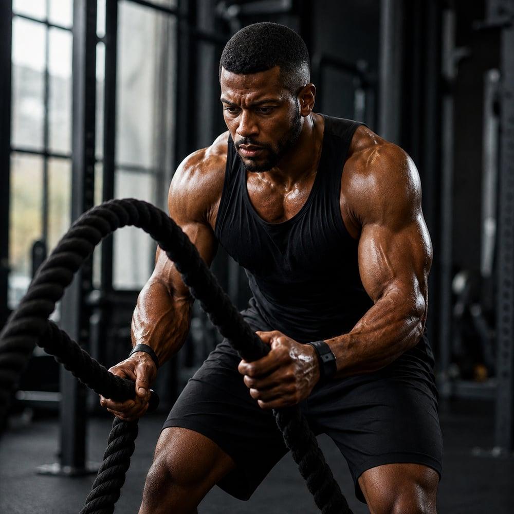 Athlete training with battle ropes in a dark gym