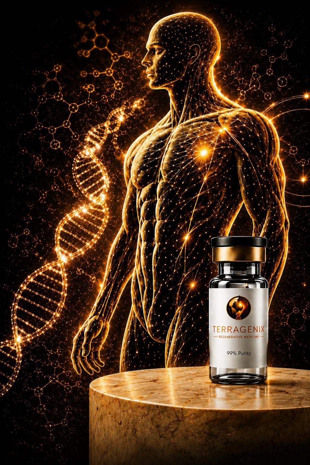 Glowing gold anatomical figure beside a TerraGenix peptide vial on a stone pedestal, with a DNA helix in the background