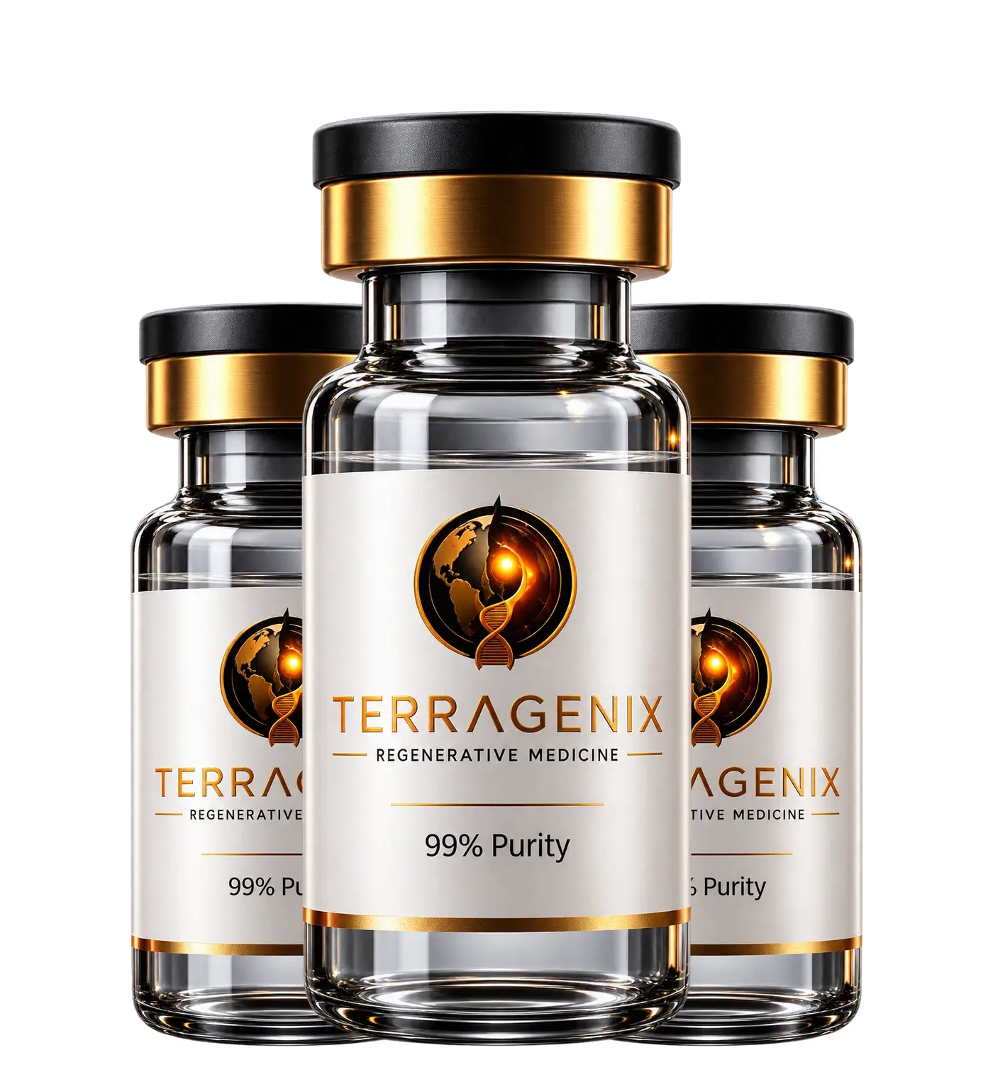 Three TerraGenix peptide vials with gold caps and a warm gold glow